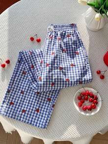 Comfortcana 女士休闲乡村度假风草莓刺绣格子印花松紧腰宽松阔腿裤 - 藍白色 - 查看 5