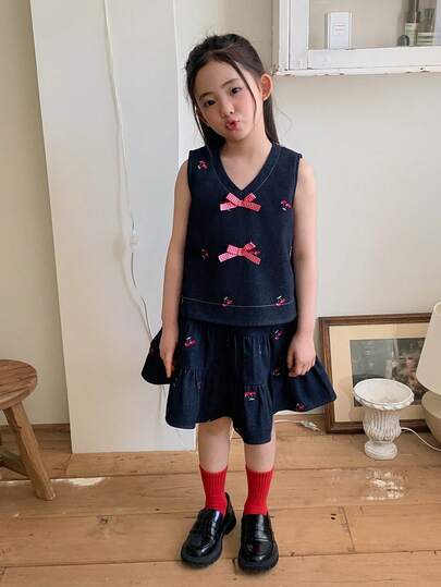 DAZY Young Girls Korean Style Bow Sleeveless Shirt & Pleated Skirt 2 Pieces Denim Set