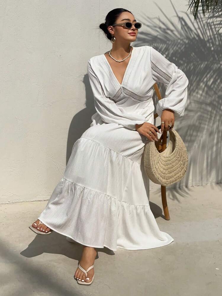 Dazy Plus Plus Size Casual Solid Color Lantern Sleeve Dress Sundress Summer