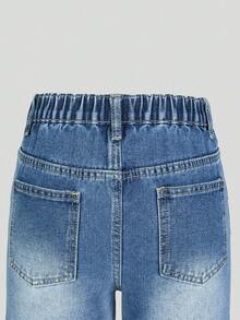 SHEIN ChillGRL 少女Y2K风格牛仔裤，浅蓝色水洗，饰有水钻，时尚阔腿版型，百搭休闲，多种搭配选择，精致单品，适合所有季节的女孩牛仔裤 - 中等水洗藍 - 查看 4