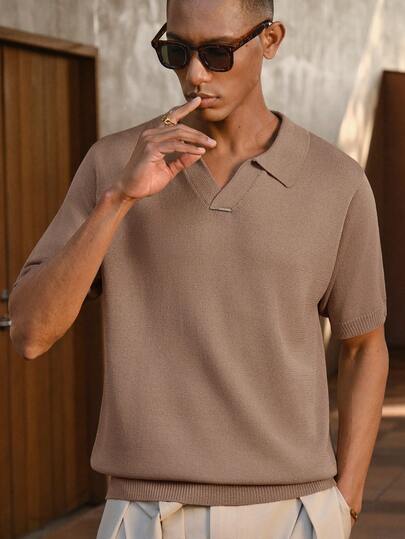 AKNOTIC Business Casual Men's Solid Color Short Sleeve Casual Commuter Knit Top