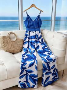 Franclia 女士夏季度假树叶印花无袖连体裤 - 藍色 - 查看 2