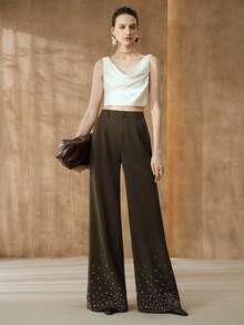 Aveloria Modichic Women's Modern Party, Casual Commute, Relaxed Straight Leg Flare Pants, Suit Trousers - Coffee Brown - View 4