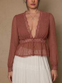 Freevana 大码浪漫优雅黑色蕾丝拼接长袖女式衬衫 - 西瓜粉 - 查看 5