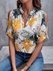Reflora 大码女式V领印花休闲百搭日常衬衫 - 黑色 - 查看 6