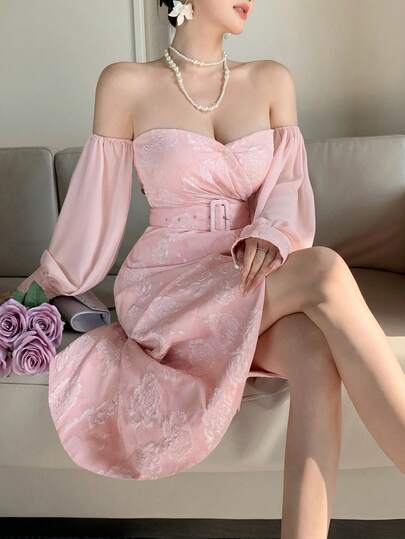 Joudiya 女士露肩提花褶裥优雅收腰中长连衣裙，适合派对穿着