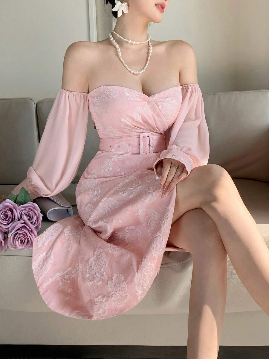 Joudiya 春夏单肩碎花雪纺连衣裙，腰间系带，蝴蝶结装饰，适合情人节、婚礼、派对、休闲、工作、度假等场合，优雅中长连衣裙，女士之选 - 粉色 - 查看 1