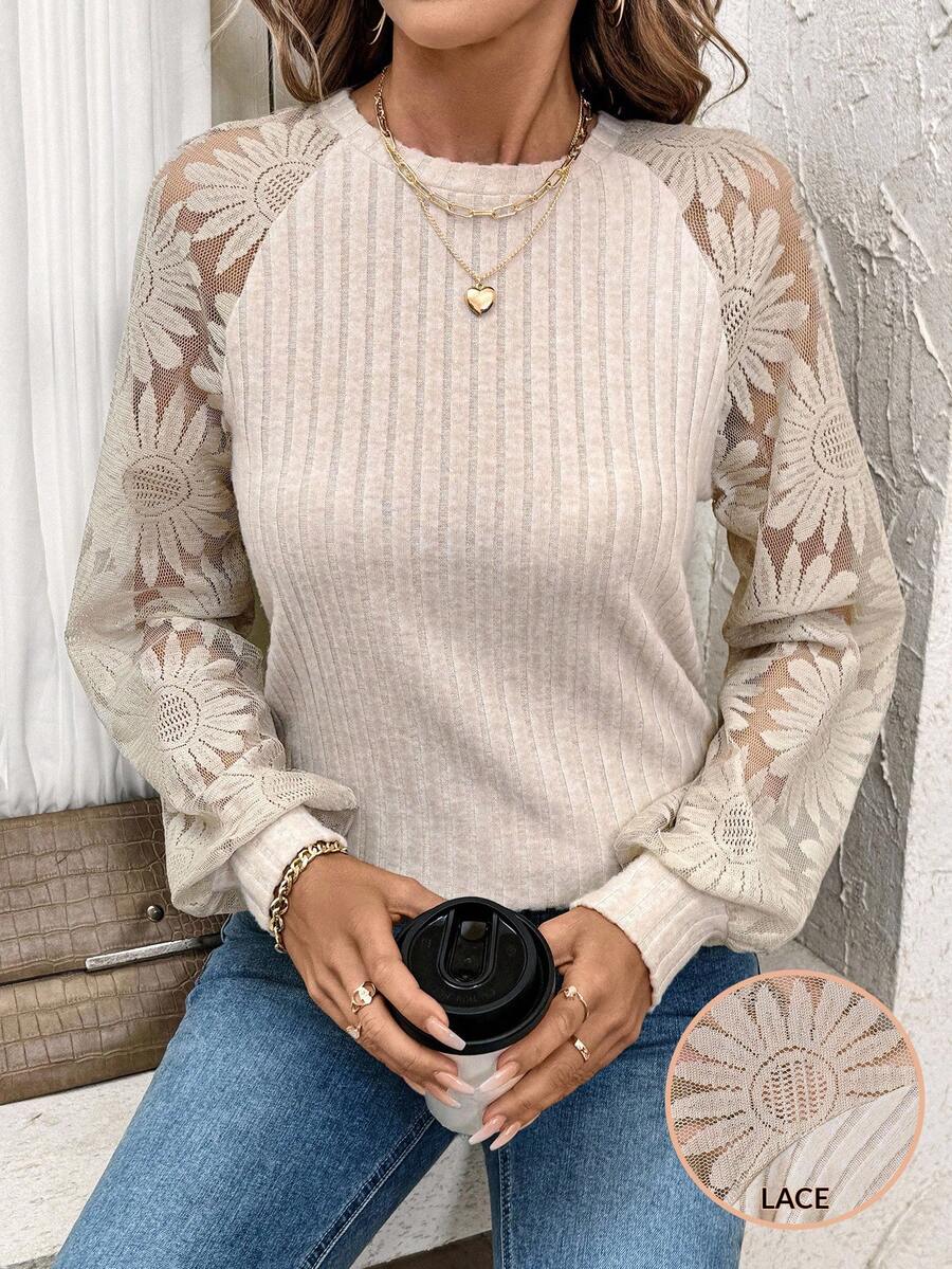 SHEIN Clasi 女士毛绒拼布向日葵蕾丝 T 恤 - 杏色 - 查看 1