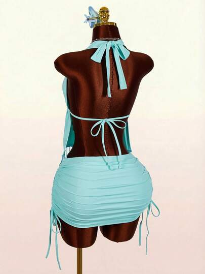 Amplova Women's Halter Backless 2 Pieces Set, Crystal Tassel Hem Sexy Pure Style, Suitable For Beach, Cute Vacation Vibe