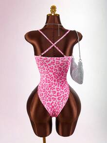 Amplova Women's Fashion Sexy Lace Patchwork Leopard Print Bodysuit - Pink - View 2