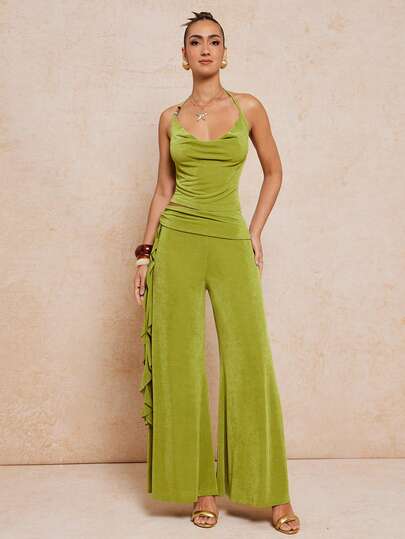 Lumalex Women's Elegant Green Draped Neck Sleeveless Fitted Top + Women's Elegant Green Pleated Tie Design Fitted Pants, Spring/Summer Body-Contouring Fit & Elegant Feminine Silhouette Top, Perfect For Summer, Spring-Break Trips, Cruises, Beach Weekends, Vacations, Parties, Date Nights, Weddings, Proms, Banquets, Birthdays, Carnivals, Festivals, And Other Holiday Events, Showcases Romantic Valentine Vibes, Neo-Girly Charm, Boho-Casual Flair, Quiet Luxury, Business Chic, And Relaxed Vacay Elegance, Luxury Top, Style For Raves, Festivals, Holiday Gatherings, Daily Outings,Business Leisure,Outdoor Evening Occasions-Ideal, Party