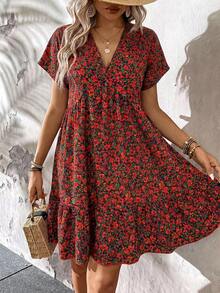 SHEIN LUNE Đầm dự tiệc/hẹn hò thời trang cổ chữ V xếp nếp dành cho nữ cỡ lớn - Nhiều màu - Xem 1