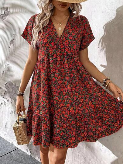 SHEIN LUNE 大码女式V领印花荷叶边时尚约会派对连衣裙