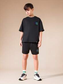 SUMWON Boys Oversized Black T-Shirt And Shorts Co-Ord Set With Gradient Blue Green Text Print Summer Casual Wear - Black - View 2