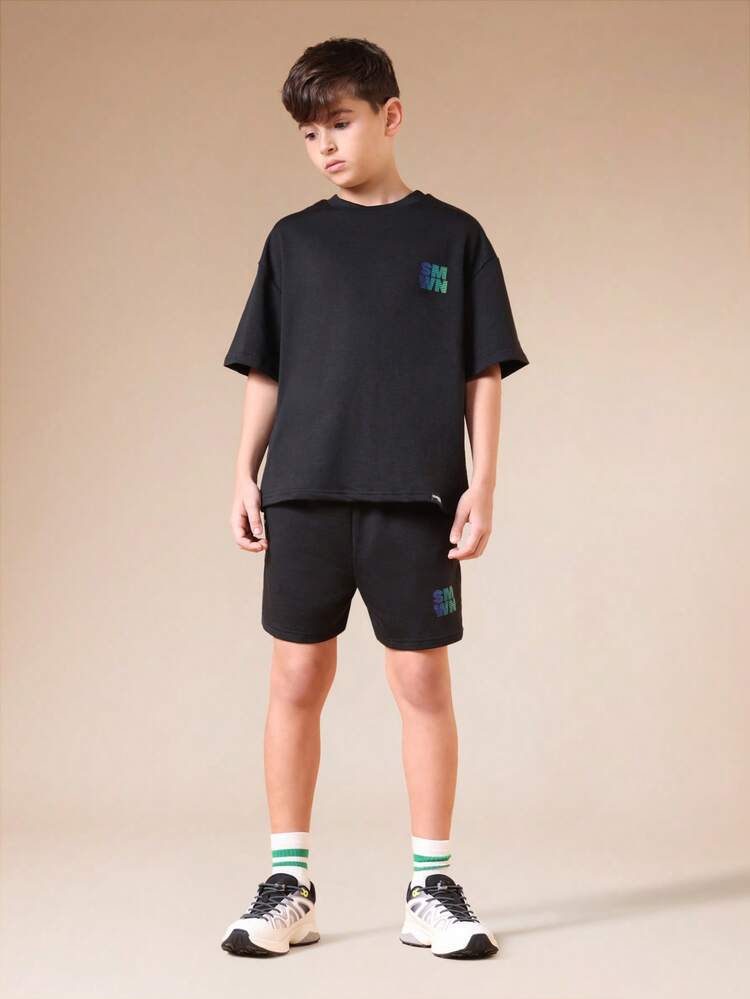 Oversized Black Tee And Shorts Set With Gradient Text
