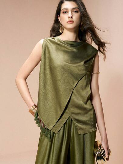 Aveloria Modichic Blusa elegante de diseño 2 en 1 con textura de tejido de satén, de estilo versátil y de moda