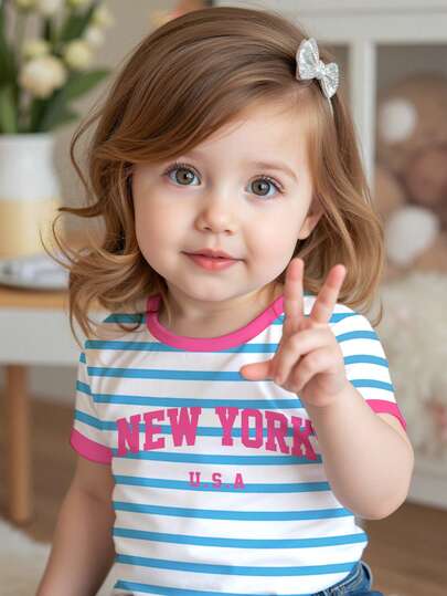 SHEIN Baby Girl Casual Striped Blue & Pink Contrast Color "New York" Graphic Short Sleeve Round Neck Top, Suitable For Summer