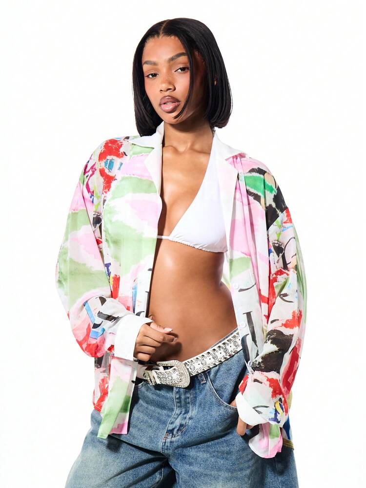 SUMWON WOMEN Oversized Abstract Watercolor Print Open Front Kimono Shirt Lightweight Summer Beach Cover Up