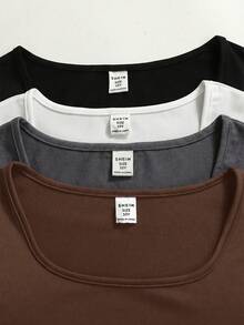 Girlism Set de 4 blusas de punto de cuello cuadrado de manga corta y ajustadas de unicolor para niñas preadolescentes, en blanco, negro, gris y marrón, versátiles camisetas interiores de verano - Multicolor - Ver 3