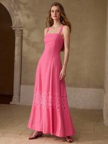 MOTF PREMIUM WOMEN'S 100% LINEN LACE PATCHWORK LONG DRESS, CASUAL & DATE WEAR, SPRING/SUMMER - Hot Pink - View 4