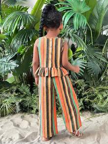 Young Girl Vacation Casual Fashion Halter Sleeveless Top And Straight Leg Pants Set - Coral Orange - View 3
