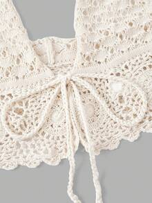 SHEIN MOD Summer Vacation Beach Crochet Halter Cover Up, Handmade Crochet, Beach Vacation Outfits For Women, Cute,Country Concert, Holiday, Vacation Woman, Festival, Women's White Crochet Halter Bikini Top Beach Swimwear, Cream Coverup - White - View 6