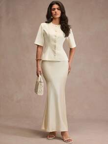 CLARA VERO Women's Round Neck Waist Cinched Button Short Sleeve Blazer & Fish Tail Skirt Suit Set - White - View 6