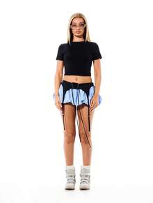 SUMWON WOMEN Women's Striped Suspender Lace Up Bubble Hem Mini Skirt With Black Waistband And Tie Details - Blue - View 5
