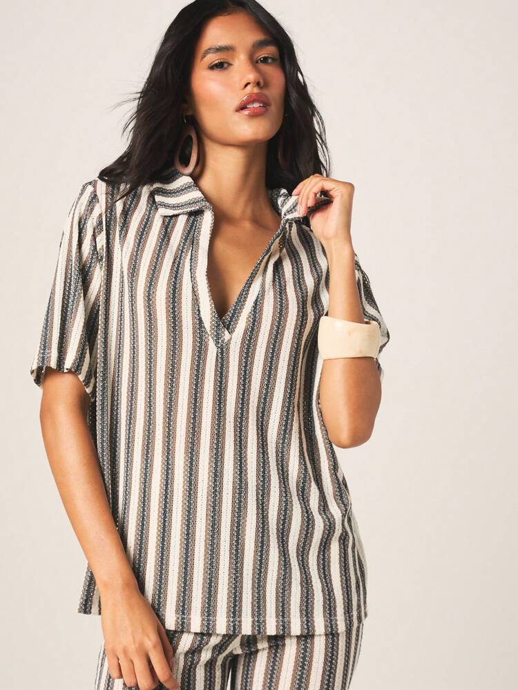 MISSGUIDED Ensemble deux pièces surdimensionné en crochet rayé avec un Top col V et un pantalon palazzo à jambes larges pour les vacances d'été