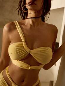 MOTF PREMIUM 3件套不对称扭结优雅浪漫女士沙滩比基尼泳装 - 黃色 - 查看 2