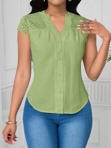 Lunelith SHEIN Lunessa Blus Wanita Lengan Pendek Bergaris Gelombang dengan Motif Renda Elegan - Hijau - View 6