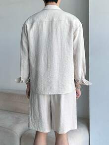 DAZY Bộ áo sơ mi và quần short nam màu xám, chất liệu vải có họa tiết, thích hợp cho mùa xuân/hè. - Xám - Xem 4