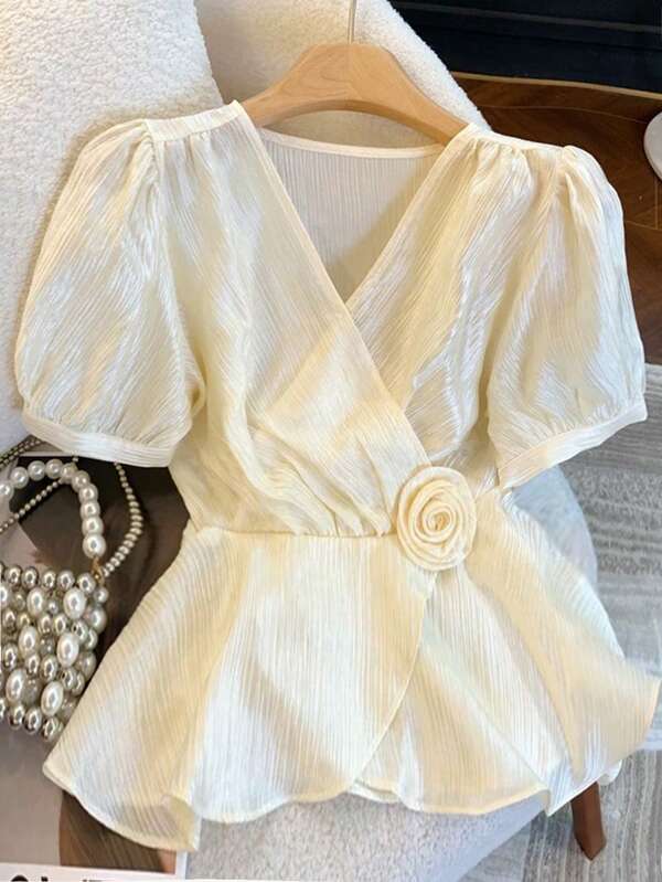 GlowEve Women's Elegant Solid Color Petal Sleeve Shirt With 3D Floral Decor, Summer