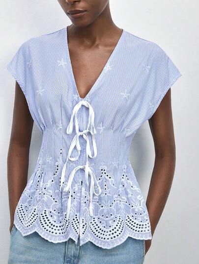 Maija Women's Striped Floral Embroidery Hollow Front Tie Casual Shirt