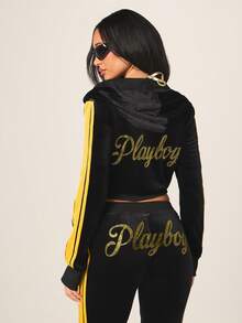 Missguided x Playboy Áo khoác nữ nhung mềm mại, khóa kéo toàn thân, điểm nhấn sọc vàng và thêu hình thỏ, phong cách đường phố mùa đông sang trọng, thường ngày. - màu đen - Xem 2