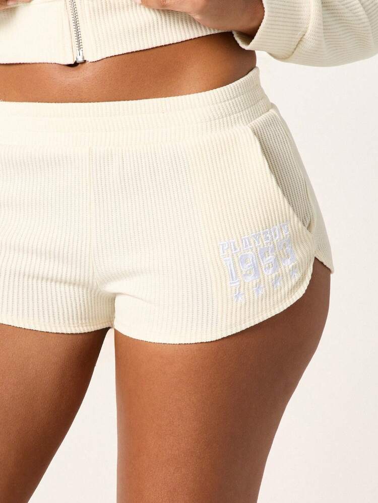 Missguided x Playboy Ribbed Knit High Rise Jogger Shorts With Elastic Waistband Comfortable Casual Loungewear Summer Essential Cream Bottoms