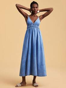 Travachic Đầm denim hai dây hở lưng thời trang nữ, thích hợp cho kỳ nghỉ - Rửa nhẹ - Xem 4