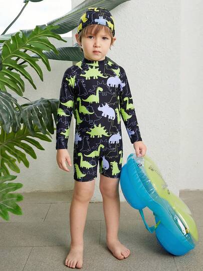 2pcs/Set Young Boys Casual Comfortable Stylish Practical Versatile Soft Cute Ombre Dinosaur Pattern Swimsuit And Swim Cap, Suitable For Spring/Summer