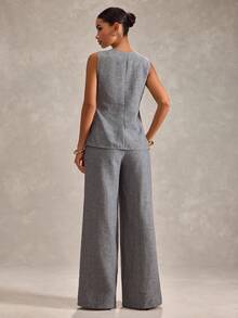 RueChic Women Two Pieces Button Detailed Vest And Wide Leg Pant Sets - Grey - View 2