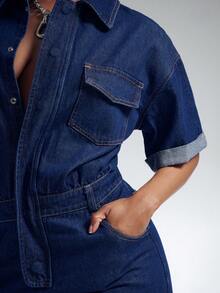 Denimoi Button Front Collared Rolled Cuff Sleeve Denim Mini Dress Fashionable Denim Sexy Dress Casual - Dark Wash - View 2