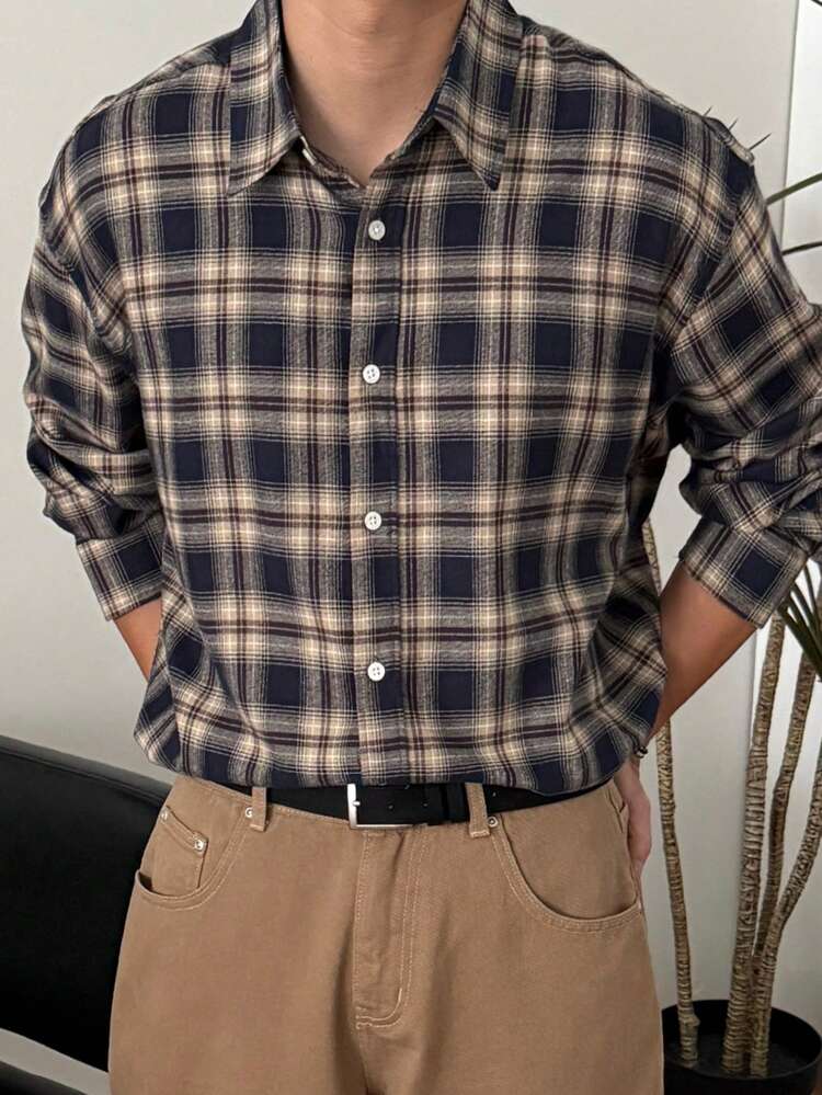 Men's Plaid Loose Fit Casual Shirt, Suitable For Spring And Autumn