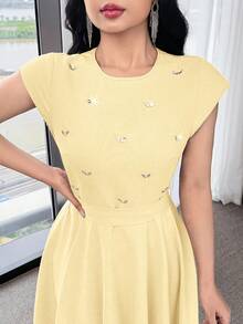 Feyla Gaun Panjang Wanita Elegan dengan Hem Asimetris dan Dekorasi Rhinestone, Musim Panas - Kuning - View 2