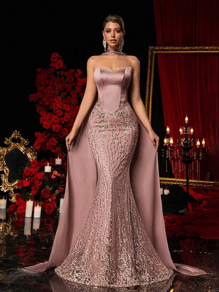 Glamrae Đầm dạ hội cúp ngực gợi cảm, sang trọng, thêu ren, phối ren tinh tế, chất liệu satin co giãn, thích hợp cho đám cưới, tiệc tùng, kỳ nghỉ, dạ hội (phiên bản cao cấp). - Bụi hồng - Xem 1
