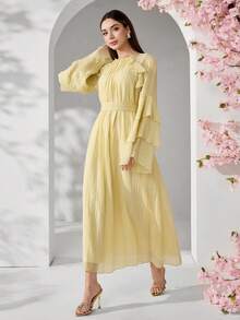 Solavon 女士优雅纯色纹理腰部喇叭袖连衣裙，春夏款 - 黃色 - 查看 3