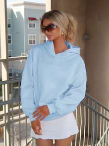 Sydney Algeri Summer Outfits Women's Simple Casual Solid Color Pullover Hooded Long Sleeve Sweatshirt Without Drawstring Oversize In Fall/Winter - Baby Blue - View 5