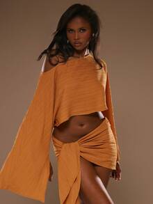 MUSERA Cheesecloth Asymmetric Slash Neck Draped Long Sleeve Top Spring Summer Vacation Beach Elegant Ibiza Festival Holiday Tajine - Orange - View 1