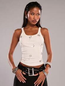 SHEIN BAE 春夏海滩度假白色奢华串珠3D花卉装饰简约罗纹背心/装饰背心/休闲背心/派对背心/沙滩背心/夜店/音乐节 - 白色 - 查看 4