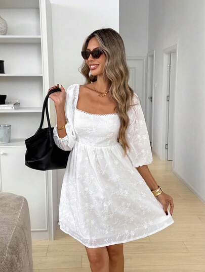 Easowa Women's Floral Embroidery Pattern Twist Back Design Ruched Fashionable Chic Date Party Mini Dress