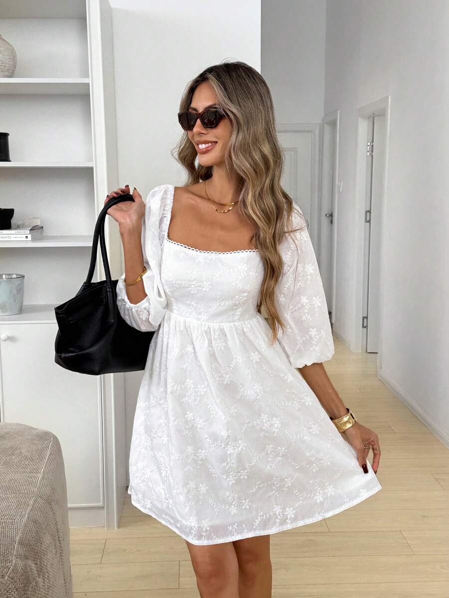 Easowa Women's Floral Embroidery Pattern Twist Back Design Ruched Fashionable Chic Date Party Mini Dress - White - View 1