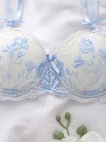 1件套薄纱刺绣网纱吊带睡裙套装，带衬垫罩杯和钢圈，夏季度假睡衣，粉色 - 藍白色 - 查看 4